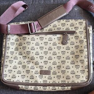 MCM Beige Monogram Canvas Messenger Bag with Burgundy Strap